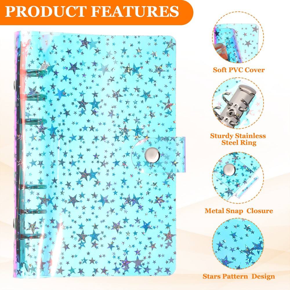 A6 Binder Cover, Stars Refillable Notebook Shell with Snap Button, Laser
