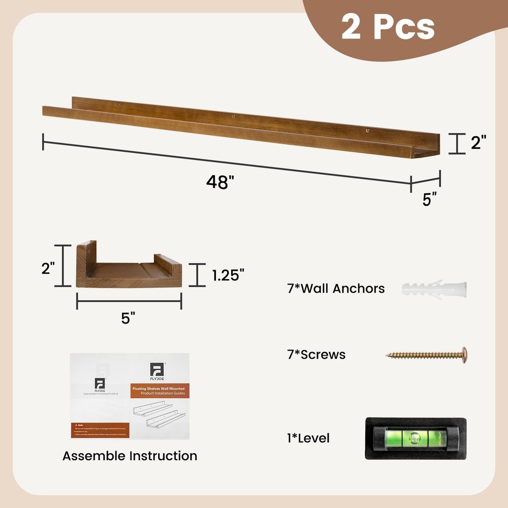 Picture Ledge Wall Shelves 48 inch Width Set of 2, Solid Pine Wood Rustic Flo...