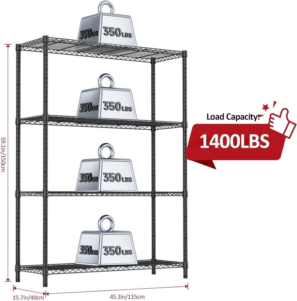 IZEUK 4-Shelf Adjustable Storage Rack, 1400lb Capacity, Black