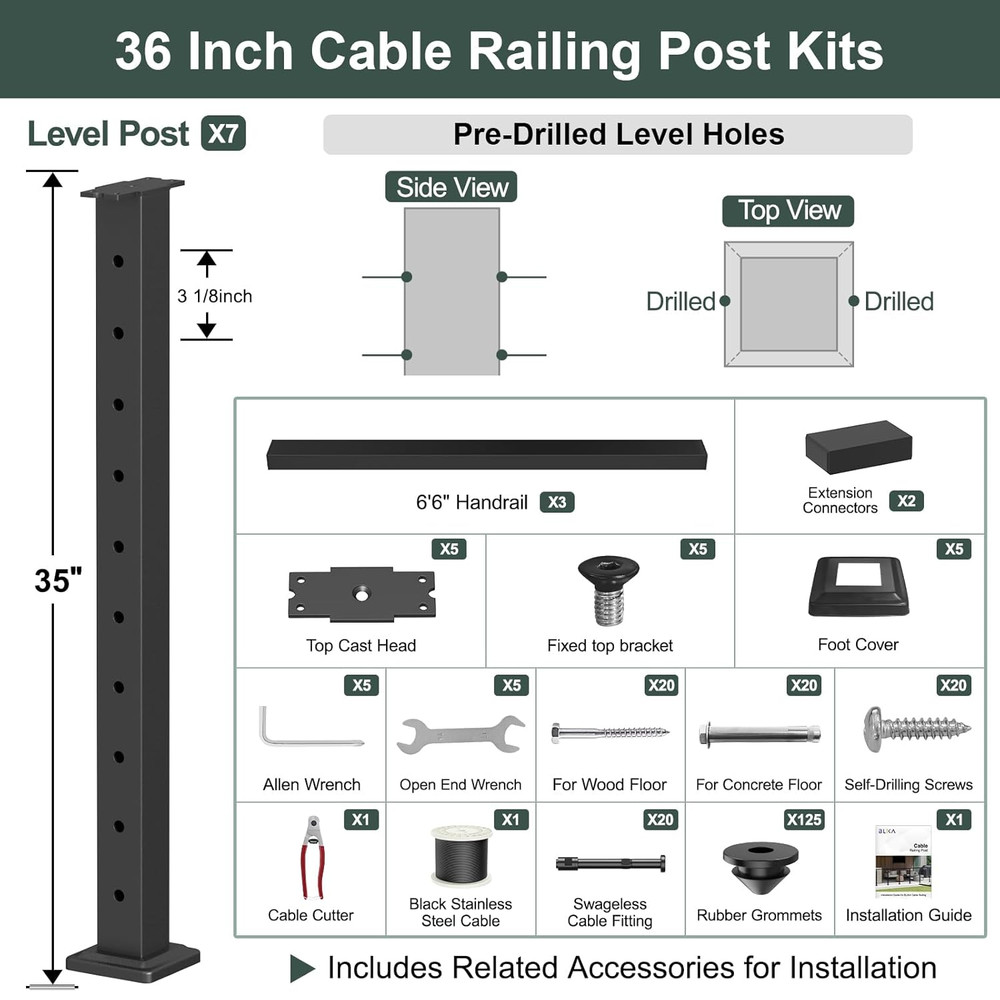 36" Black Stainless Steel Cable Railing Post Kit - Surface Mount System