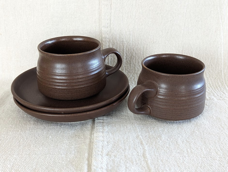 (2) Langley Pottery England Cups & Saucers Brown
