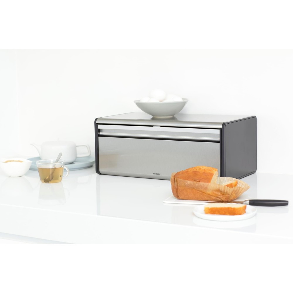 Brabantia Rectangular Fall Front Bread Box | Matt Steel | Large Metal Front O...