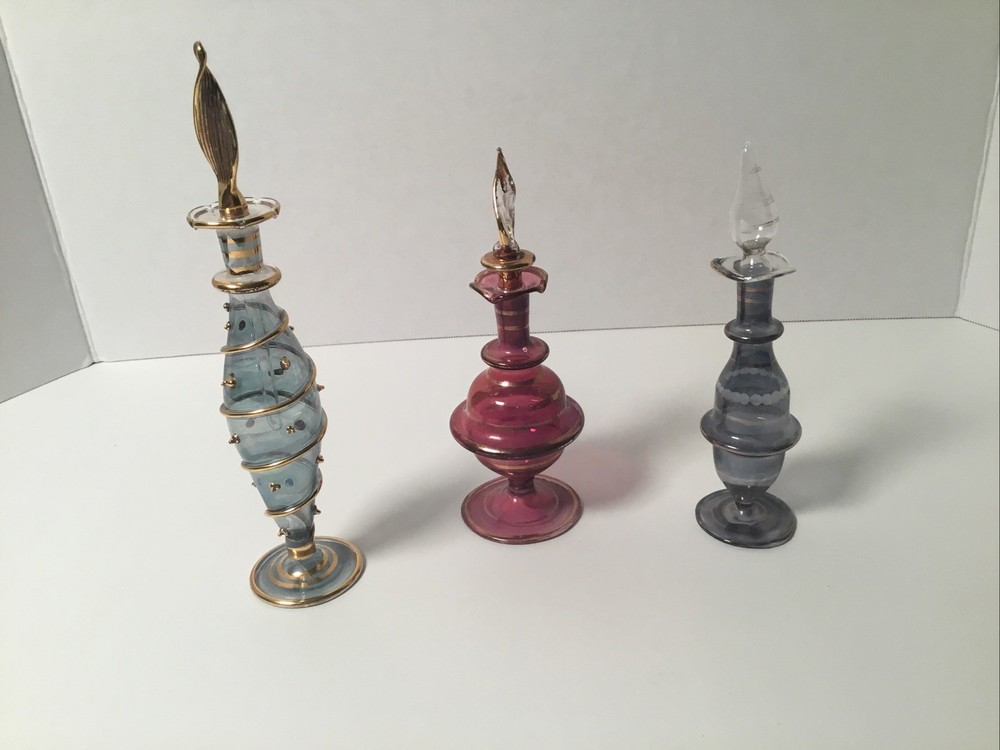 3 Egyptian Hand Blown Glass Perfume Bottles .