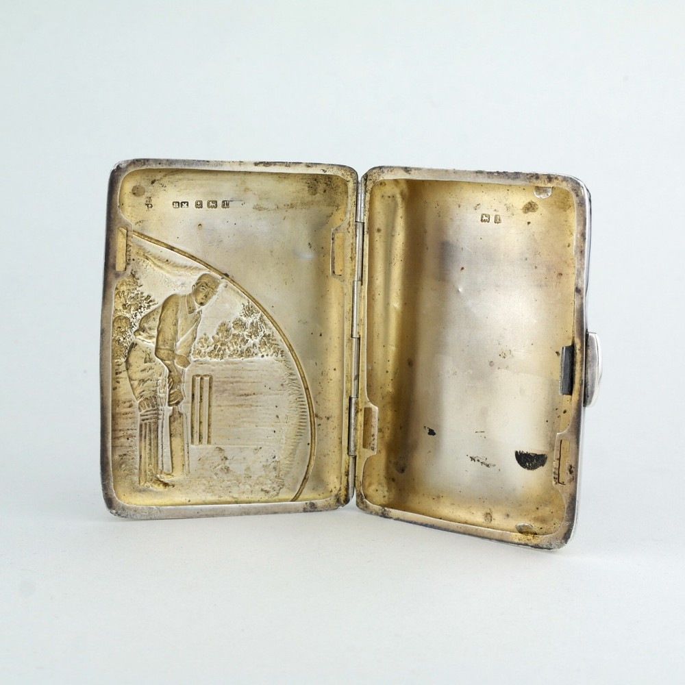 Rare Edwardian Novelty Solid Sterling Silver Cigarette Case Cricket. 1910.