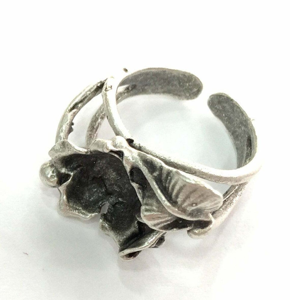 Flower leaf Ring Blank Base Bezel Setting Antique Silver Brass Adjustable G3529