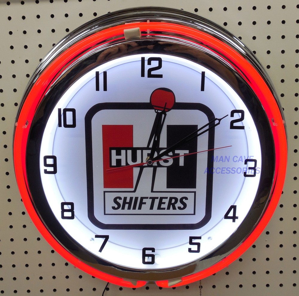 19" HURST Shifters Sign Red Double Neon Clock