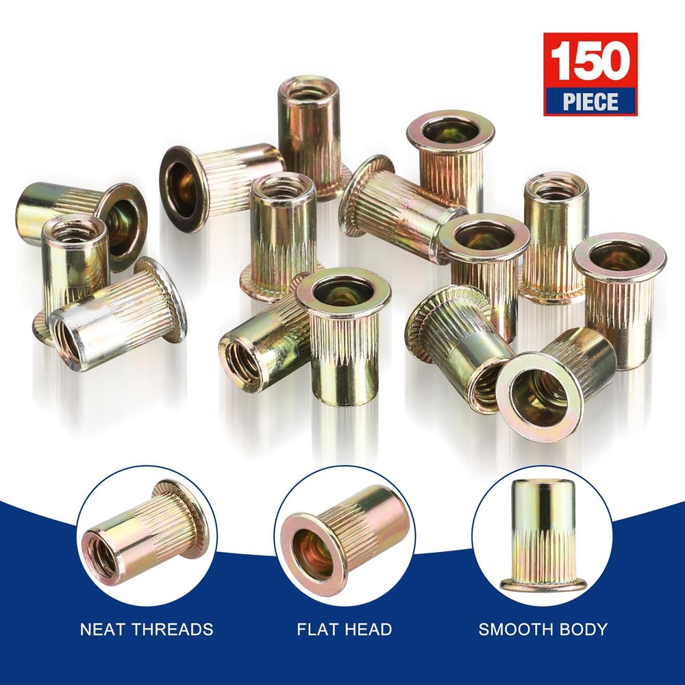 WORKPRO 150PC Rivet Nut 1/4"-20 Rivnut Zinc Plated Flat Head Threaded Insert Nut