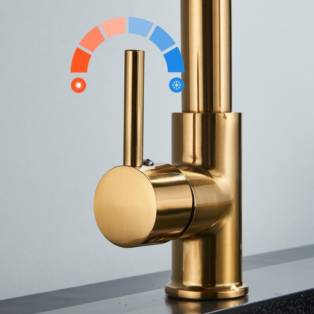 Brushed Gold Spring Kitchen Sink Faucet Pull Down Sprayer Swivel Single Handle