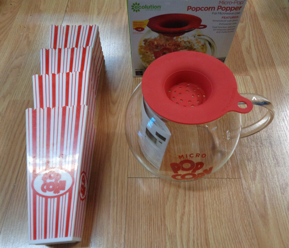 Ecolution Micro Pop 3 Qt. Popcorn Microwave Popper Maker Glass Red w/ 4 Cups