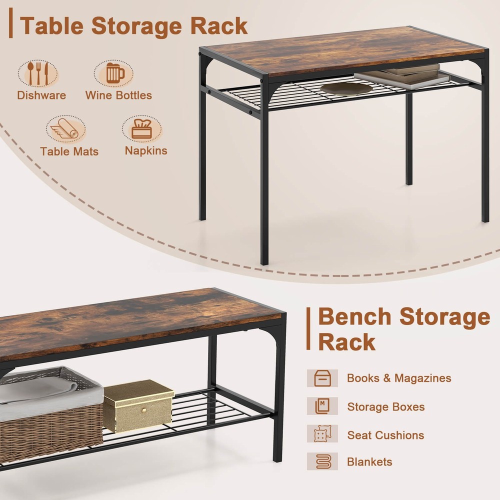 Dining Table Set for 4 Rectangular Table w/ 2 Chairs, 1 Bench, Storage Racks