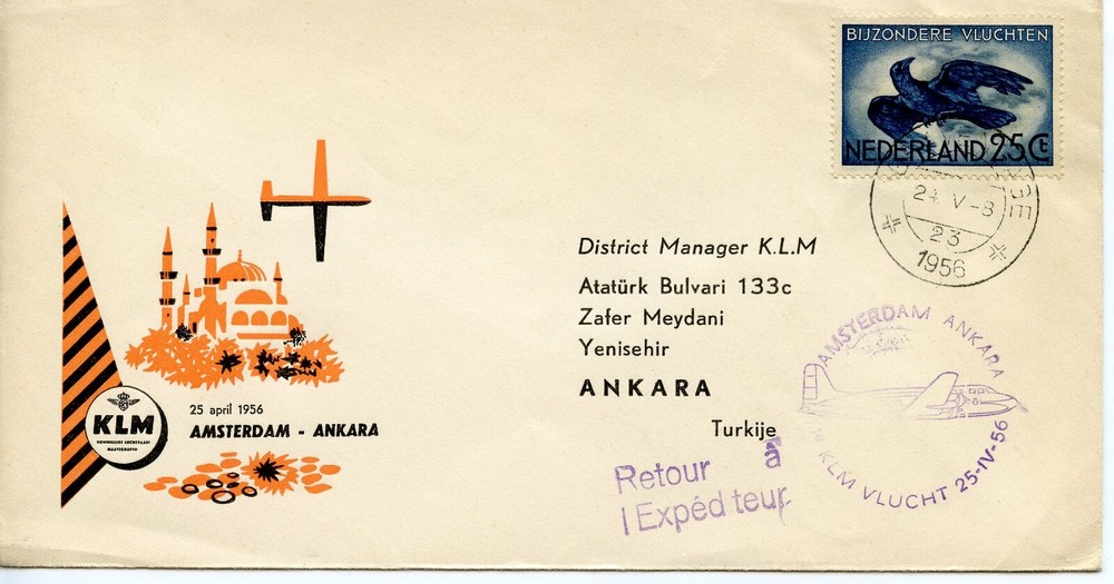 NETHERLANDS  KLM AMSTERDAY-ANKARA 1956  FDC1982