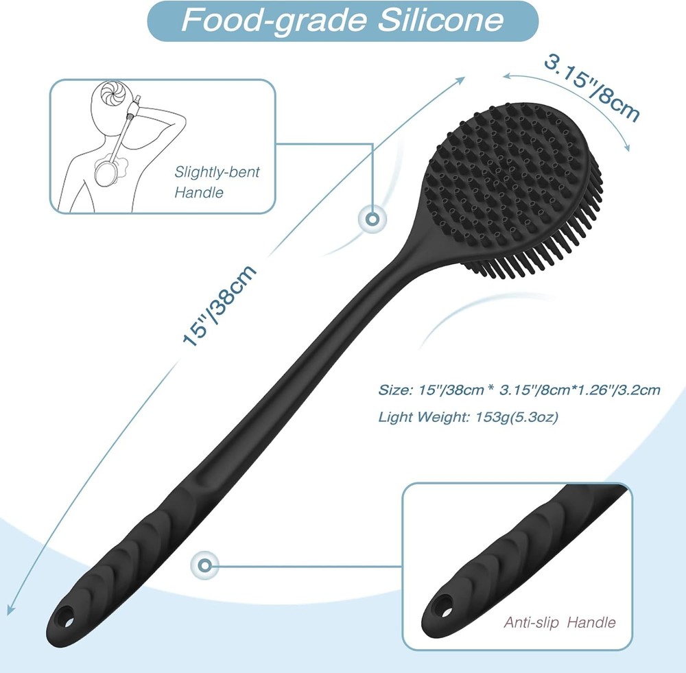 Silicone Back Scrubber(Thick Bristles) & Soft Bath Glove Set, Super-Exfoliating