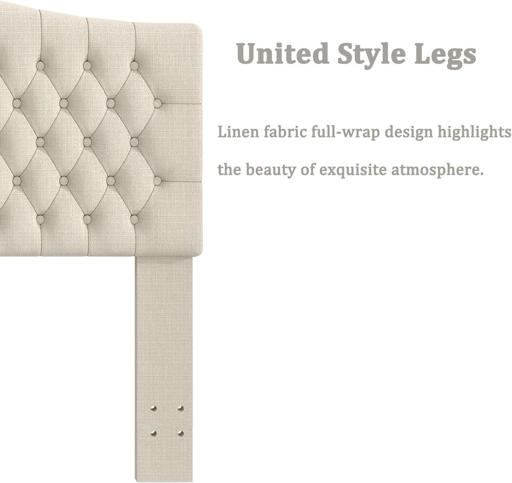 King Headboard Upholstered Wall Mount Tufted Linen Ivory for Adjustable Bed