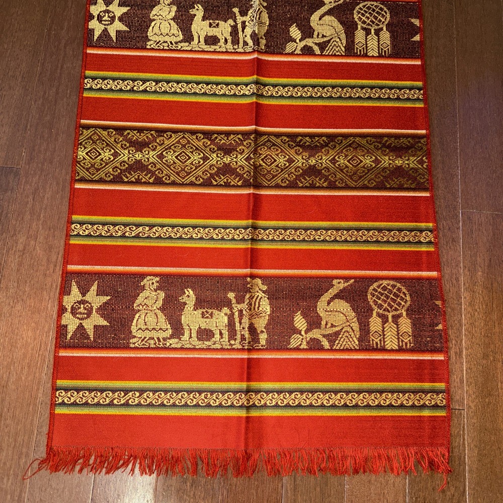 Andean Peruvian Handmade Textile Table Runner, Scarf 20X 66”, Alpacas Rust Red
