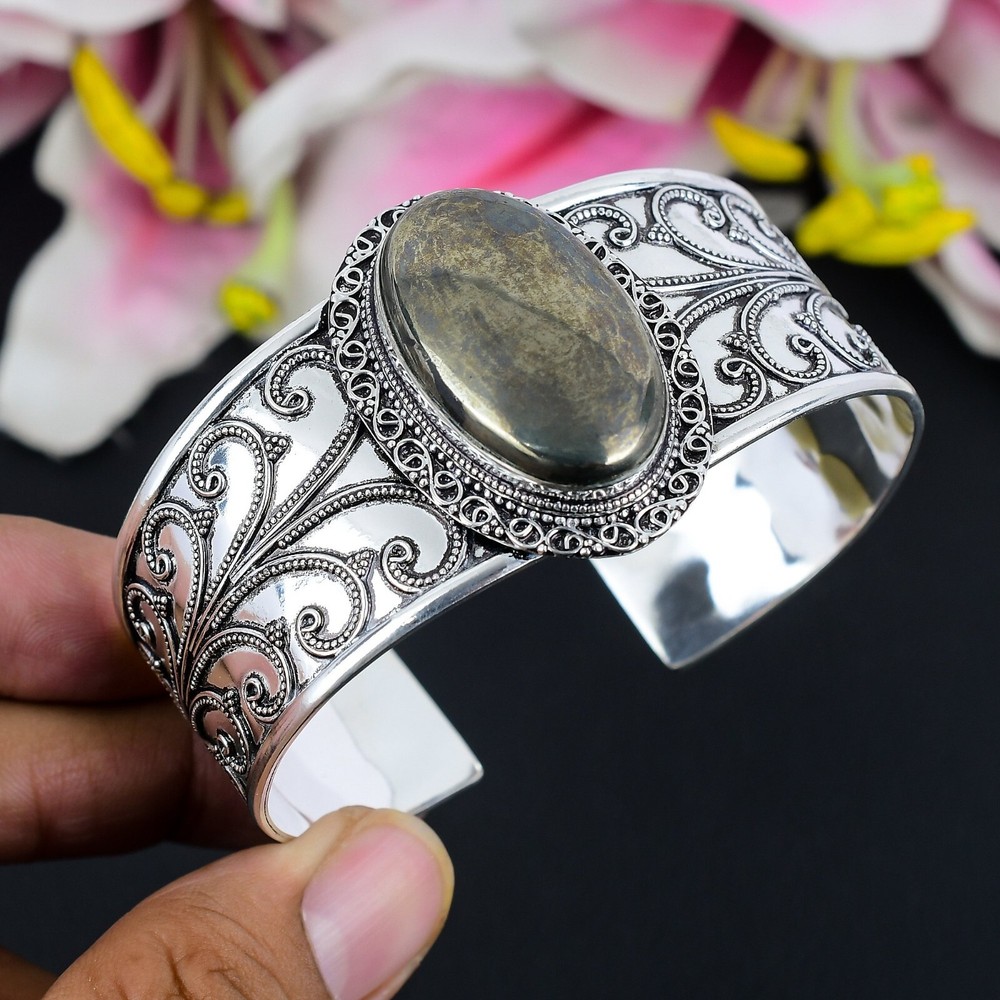 Apache Pyrite Gemstone Handmade 925 Sterling Silver Bangle Adjustable Cuff