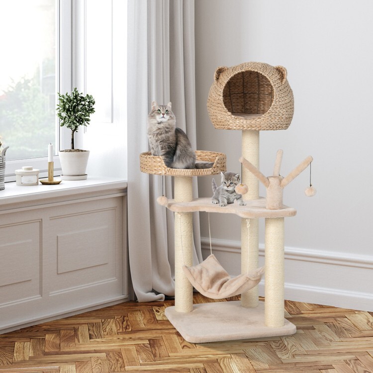 Cat Tree Cat Tower Scratching Post Cat Condo w/Hammock & Rotatable Hanging Balls