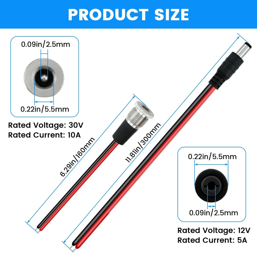 SDTC Tech 3 Sets 5.5 x 2.5 MM 10A DC Power Jack Socket Threaded × 2.5mm