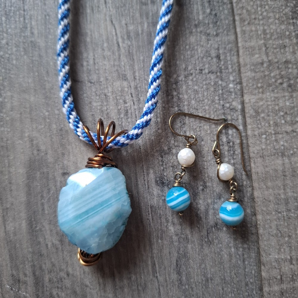Statement Wire Wrapped Boho Blue Stone Style Necklace And Earrings Set Boho