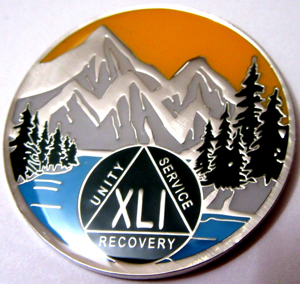 Mountain Blue green Alcoholics Anonymous 41 year AA silver Medallion Coin Token