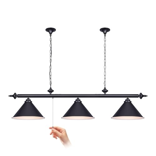 59in Billiard Pool Table Light with Pull Chain Switch on Pendant 3-Light Black