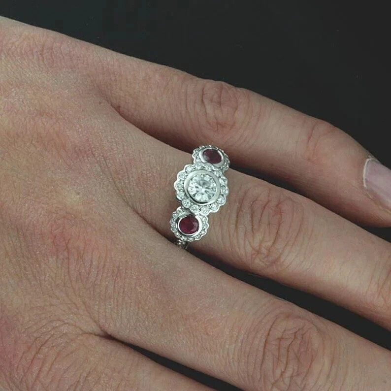2Ct Art Deco Style Lab Created Diamond & Ruby Engagement 14K White Gold FN Ring
