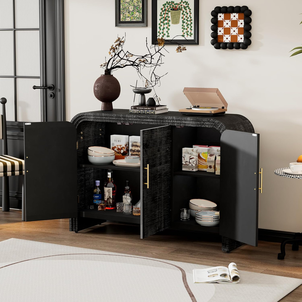 Rustic Buffet Sideboard with Gold Handles, Adjustable Dividers, Antique Black