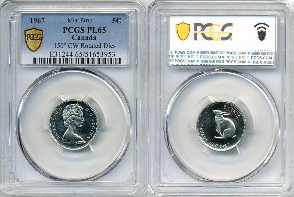 1967 Canada 5 Cent MINT ERROR, 150° CW Rotated Dies - PCGS PROOF-LIKE 65