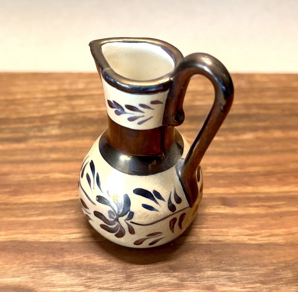 Miniature Lusterware Creamer Metallic Copper Glazed Band England Leaf Pattern