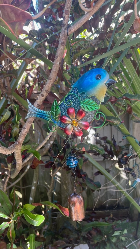 Hanging Blue Bird Sculpture with Bell