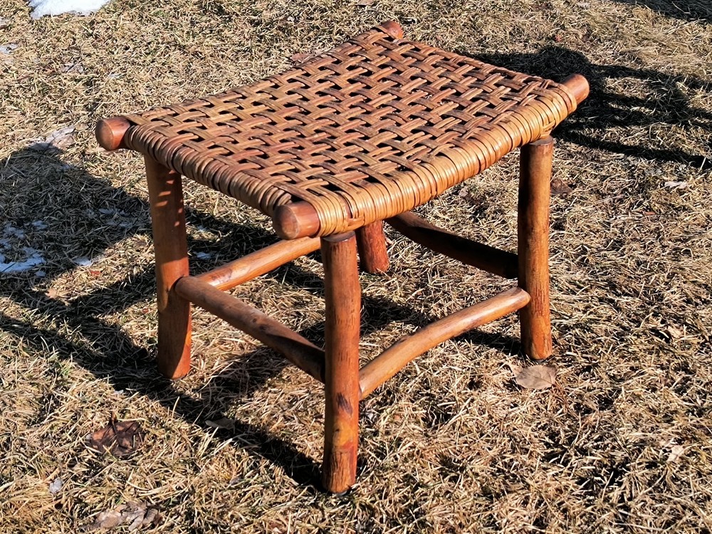 Antique signed Old hickory classic woven Adirondack rustic footstool bench