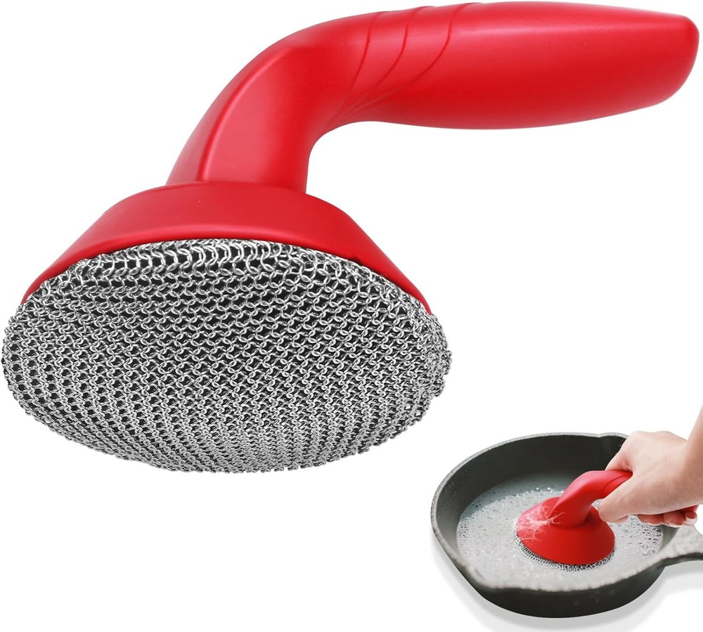 Cast Iron Cleaner Scrubber with Handle -3mm Welded Chain Mail Cast Iron