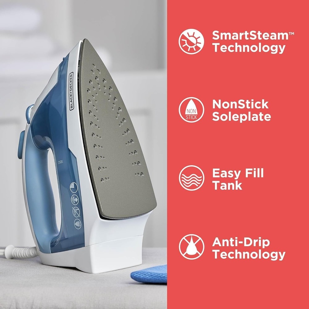 BLACK+DECKER Easy Steam Compact Iron for Clothes, Automatic Shutoff, Nonstick Pl