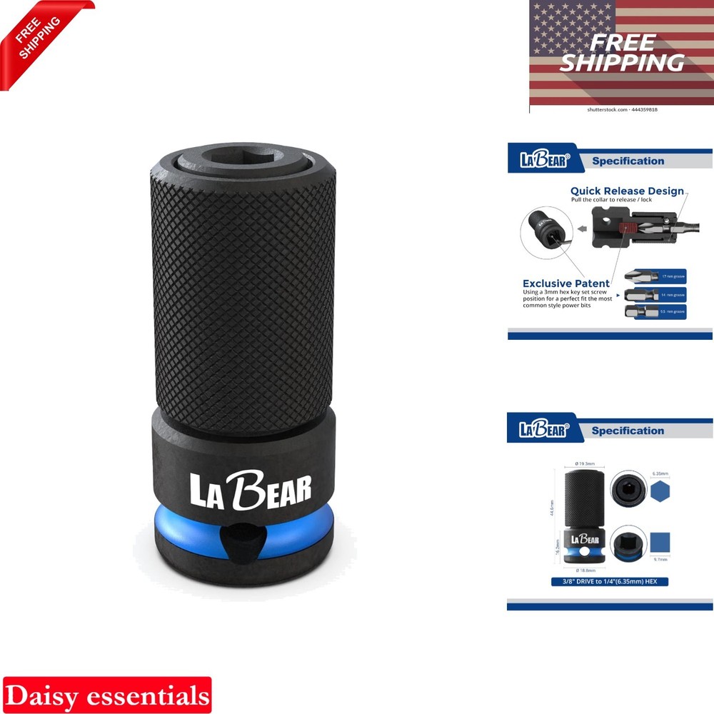 3/8" to 1/4" Hex Impact Adapter with Quick Release & Adjustable Screw, Cr-Mo ...