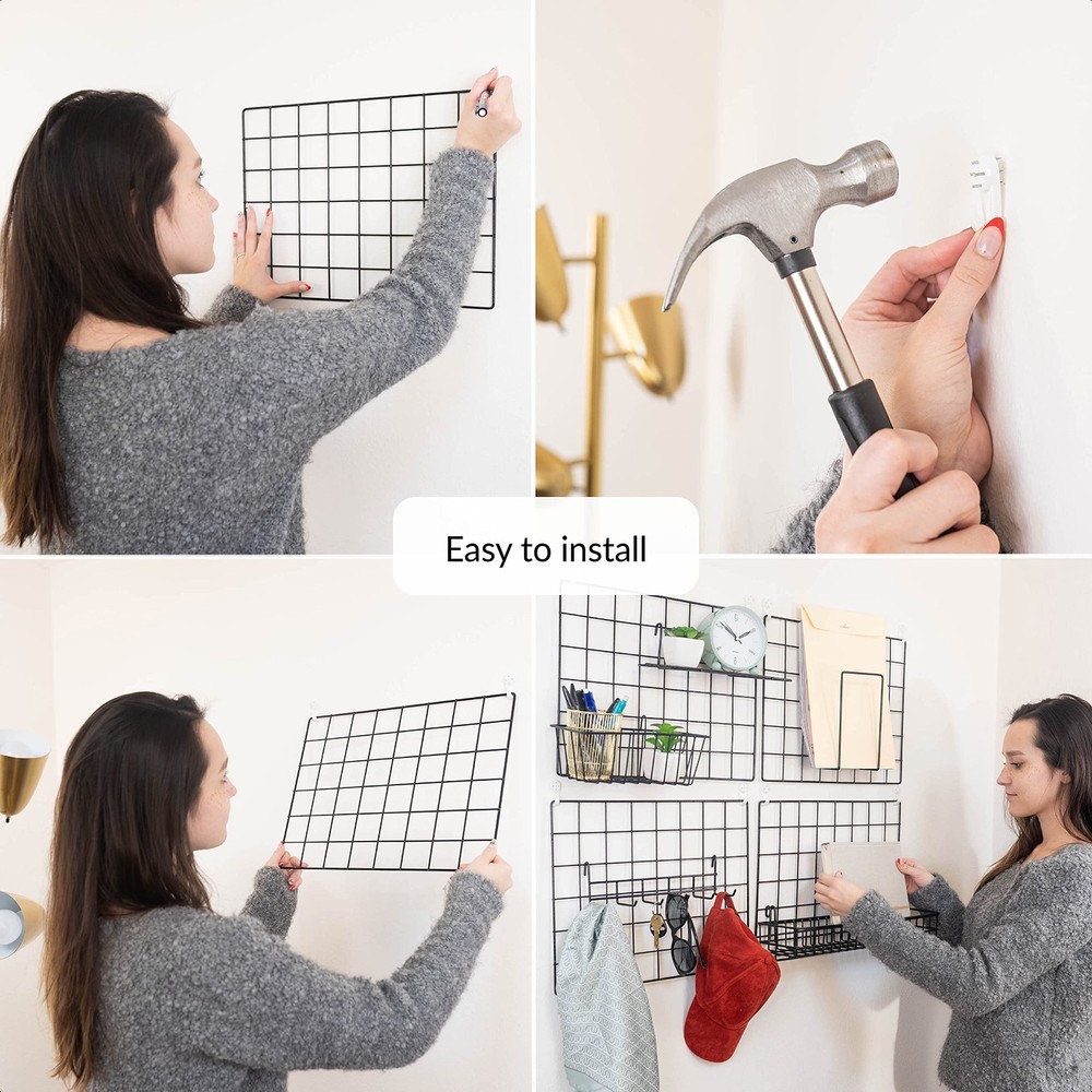 4 Pack Wire Wall Grid Panel With Accessories | Includes Hanging Baskets, Lett...