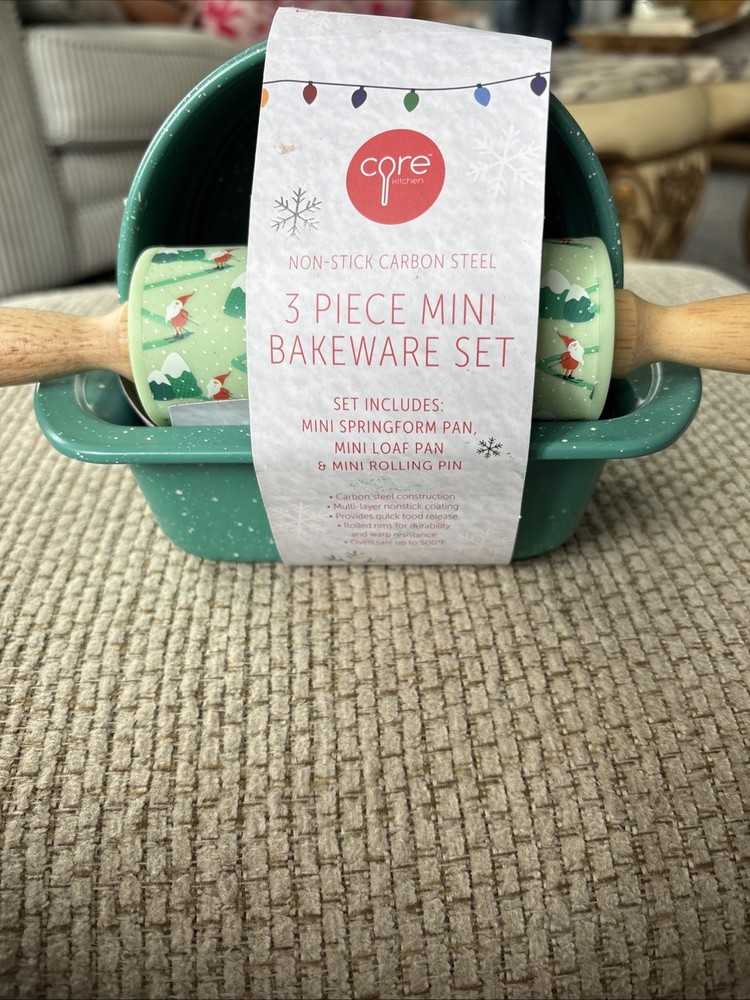3 Pc Mini Bakeware Set Loaf, Spring Form, Rolling Pin Christmas