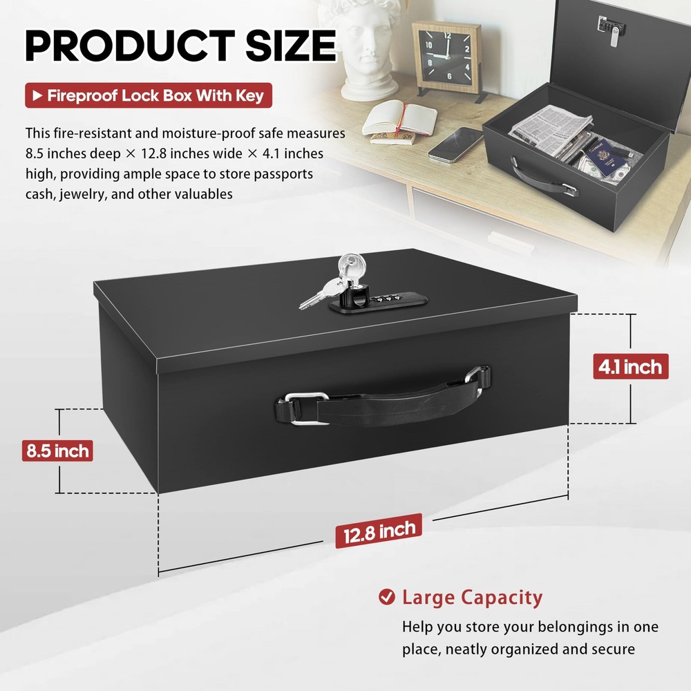 Fireproof Lock Box with Key&Combination Lock-Fire Safe Document Box,Portable
