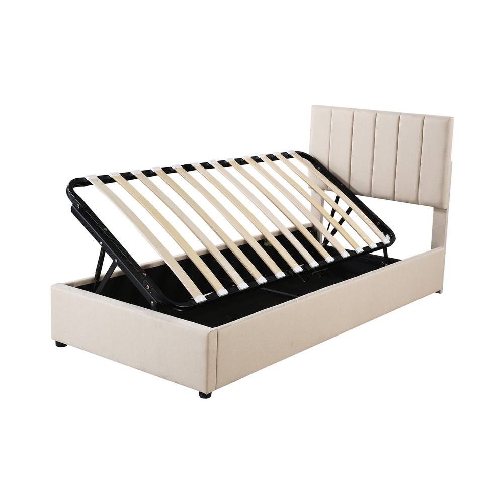 Twin Size Upholstered Platform Bed with a Hydraulic Storage System, Beige