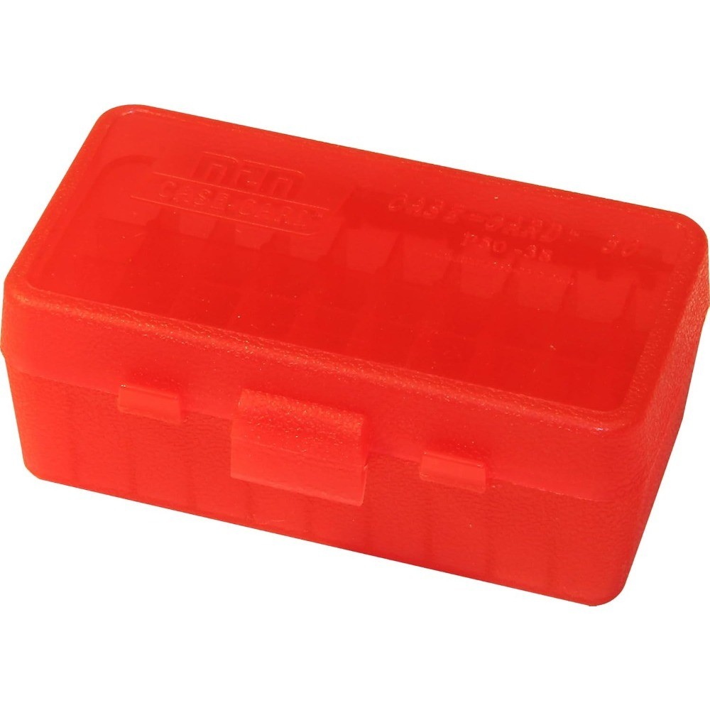 Medium Handgun Ammo Storage Box Holds 50 Rounds Clear Red Plastic Case