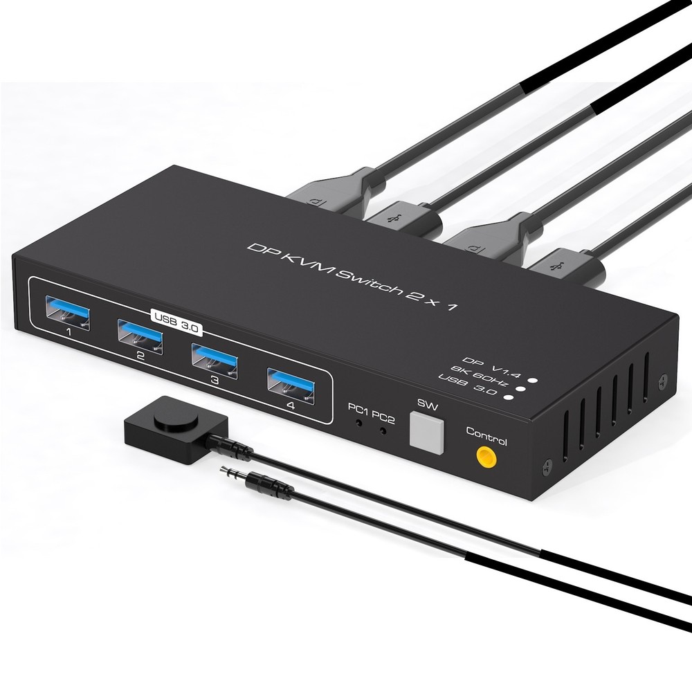 2x1 DP KVM Switch With USB Cable DC12V Power Adapter & External Switch Kit