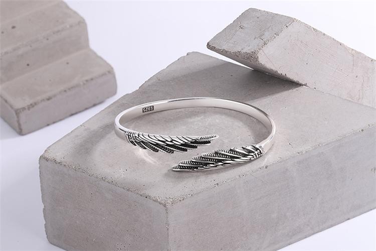 Bracelet Retro Thai Silver Feather Bangle 925 Sterling Silver Trendy Wing Open