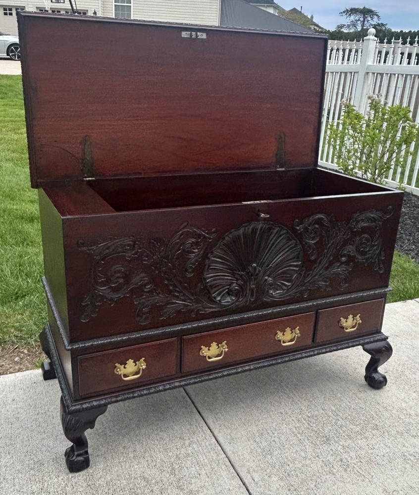 Antique Solid Mahogany Shell Carved Claw Foot Centennial Blanket Chest