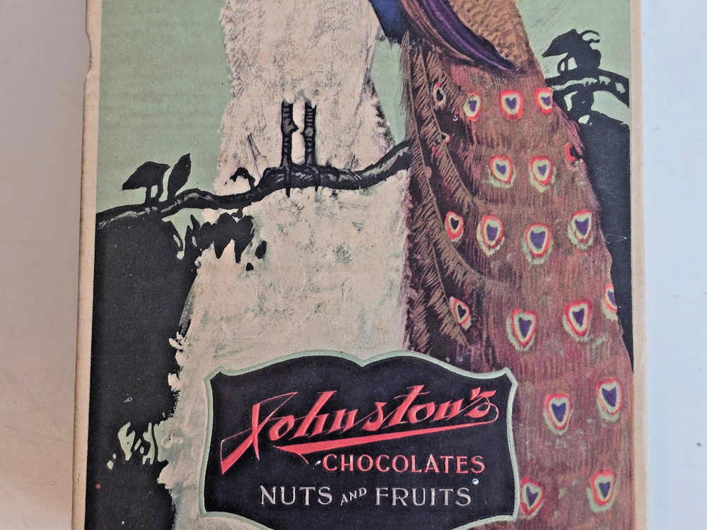 Vintage 1920's Johnston's Chocolates Candy Box Art Deco Peacocks