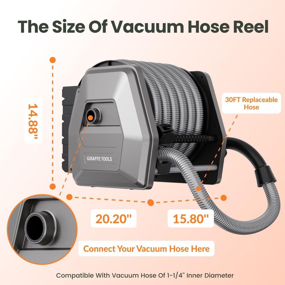 Vacuum Hose Reel with 30ft Replaceable Hose, Light Grey