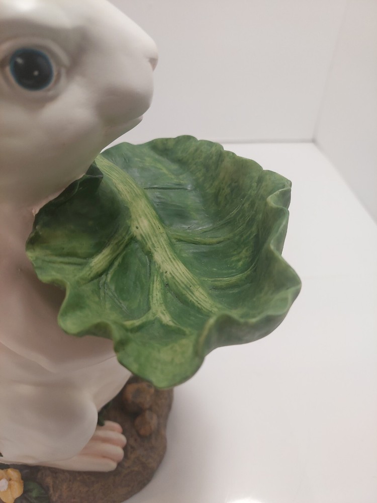 Bunny Rabbit Statue Candy Bowl Server Figure 12" White Resin White Cabbage Leaf