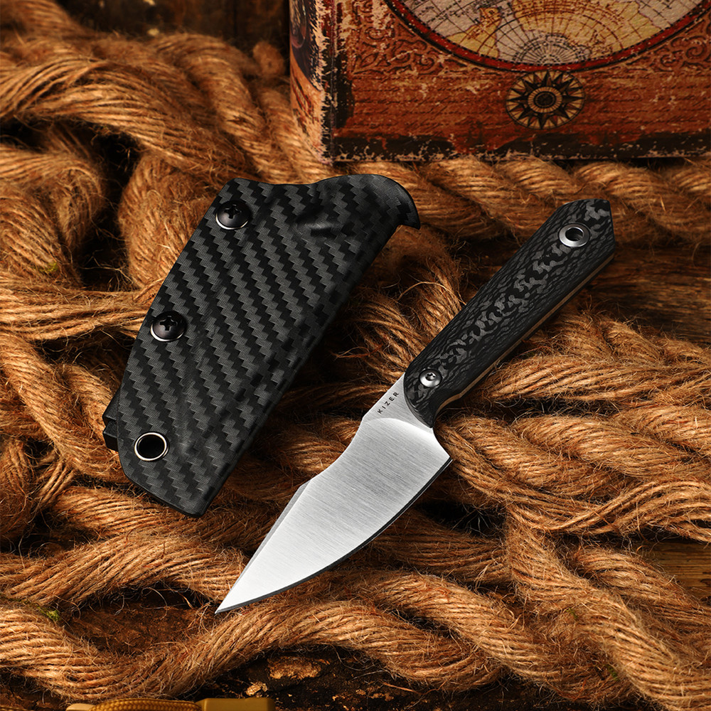 Kizer Mini Harpoon Drop Point Fixed Knife M390 Blade Carbon Fiber Handle+ Sheath