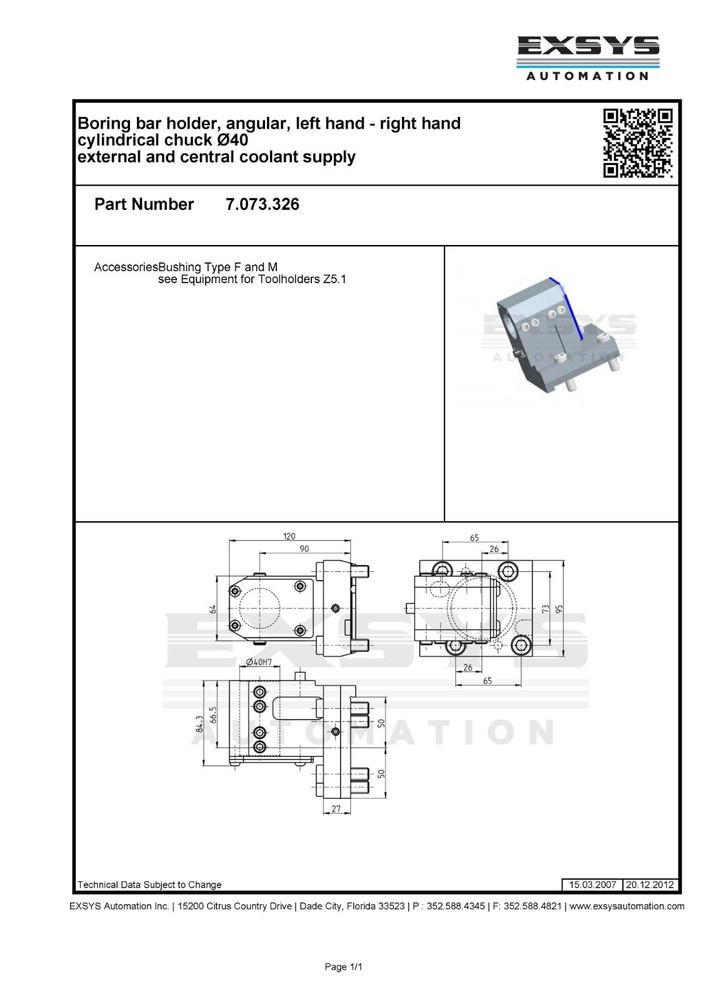 Boring bar holder, angular, left/right hand cylindrical chuck Ø40, 7.073.326