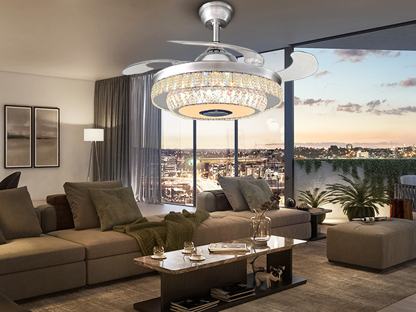 Bluetooth Crystal Ceiling Fan with Light – Retractable Blades, Dimmable LED