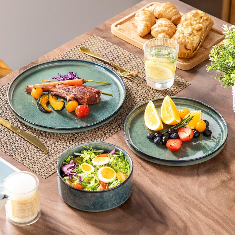 Starry Plates and Bowls Sets,12 Pieces Green Dinnerware Sets for Kitchen,Modern