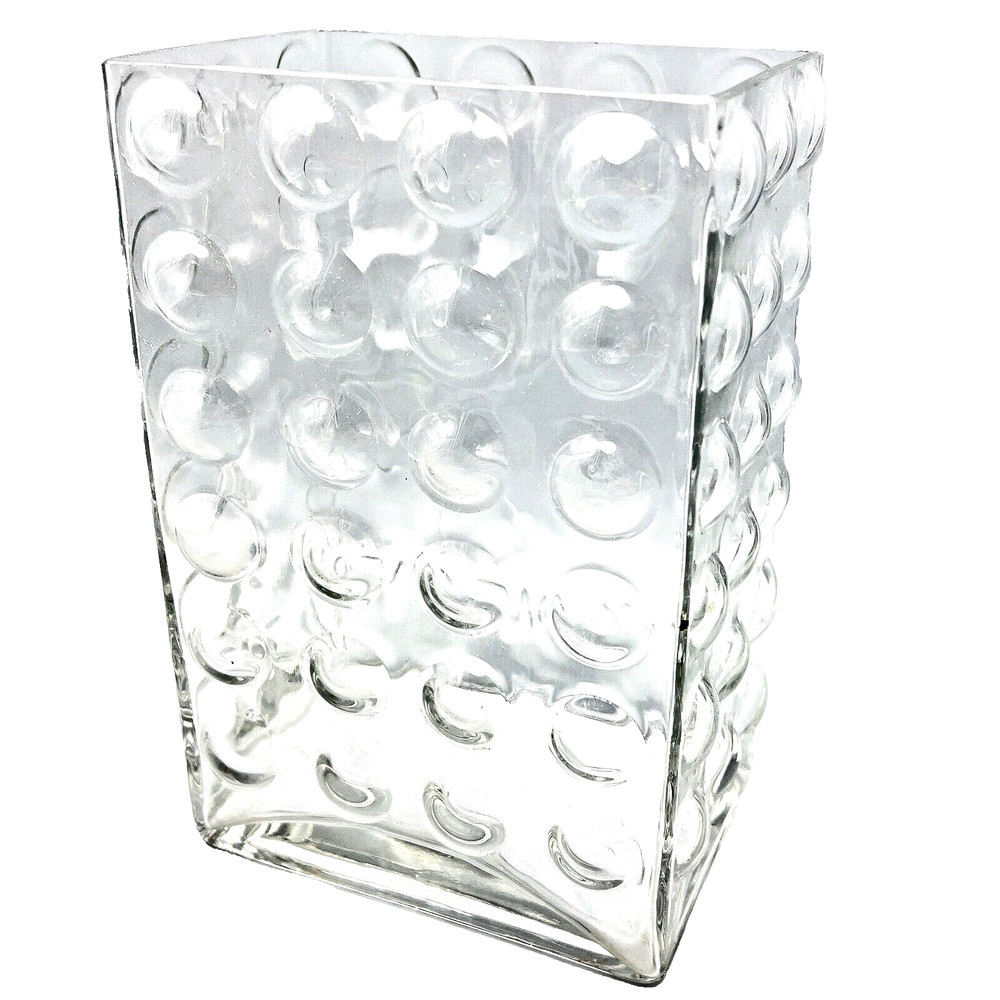 Mid Century Modern Style Vase Bubble Quilted Optic Clear Glass Rectangular 7.75"