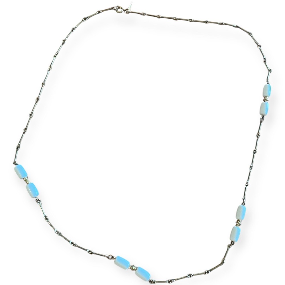 Direction One 32” Silver Tone Necklace White Beads Modern Minimalist Boho Layer
